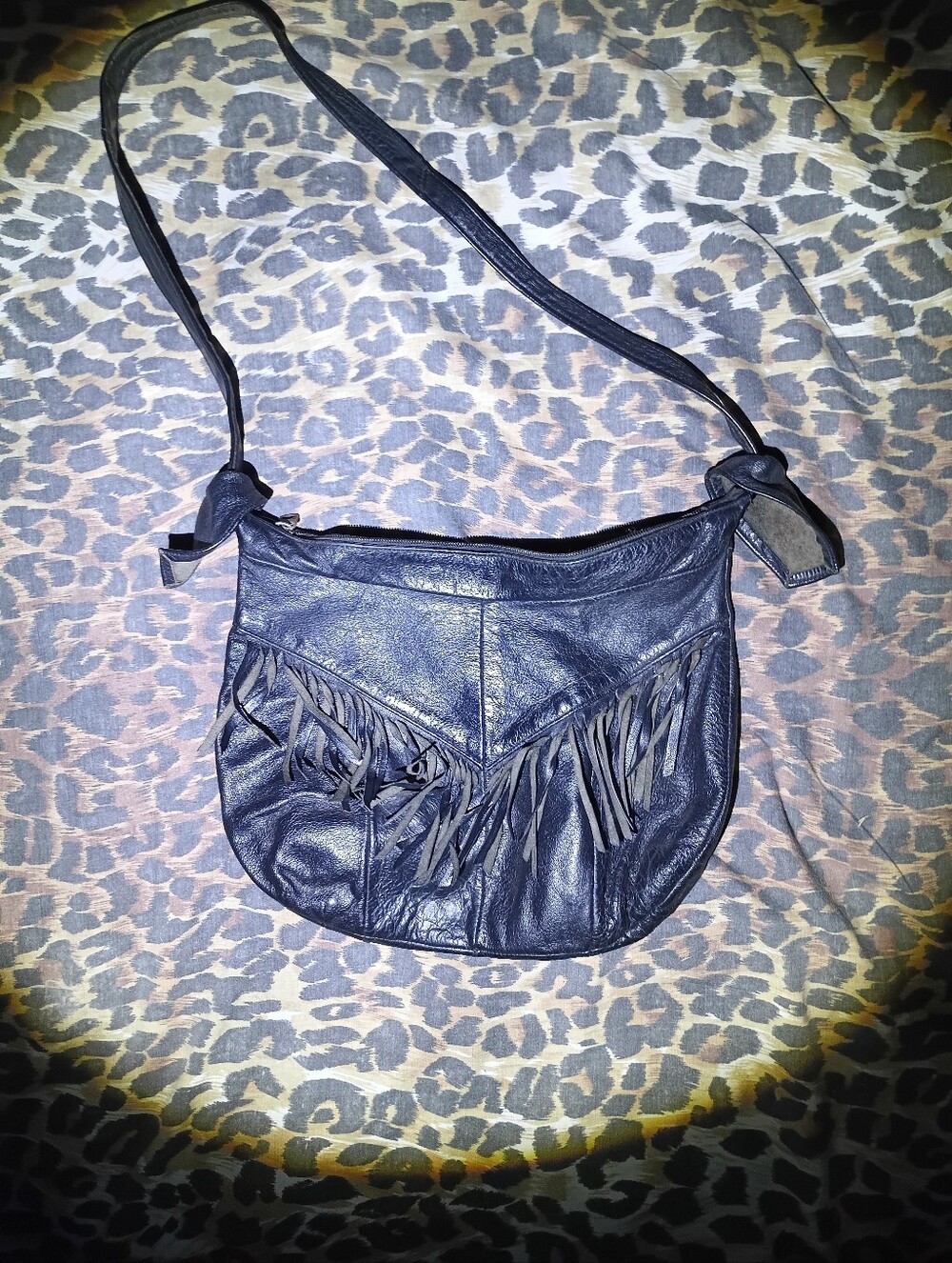 Vintage Boho Black Leather Fringe Shoulder Bag Crossbody Slouch Purse